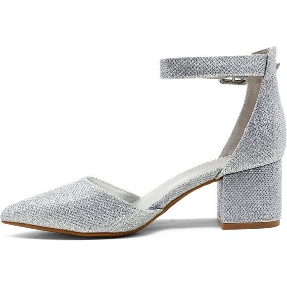 Dream Pairs Women's Silver Pointed Toe Closed Toe Low Block Ankle Strap Heels - Picture 4 of 9